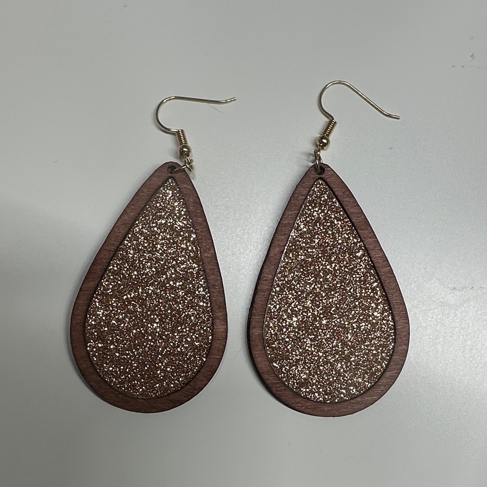 Rose Gold Glitter Teardrop Wood Earrings - Women Jewelry